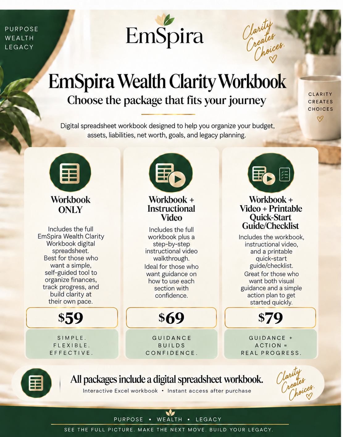 EmSpira Wealth Clarity Workbook packages starting at $59